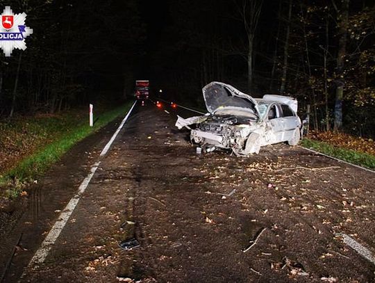 Omijał nieoświetlony pojazd, uderzył w drzewo