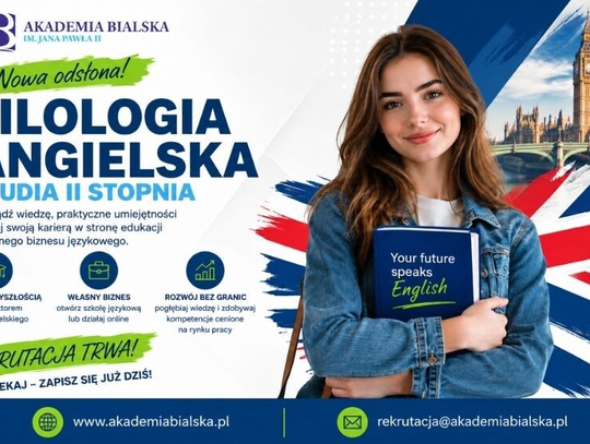 Plakat promocyjny studiów II stopnia na kierunku Filologia Angielska w Akademii Bialskiej im. Jana Pawła II