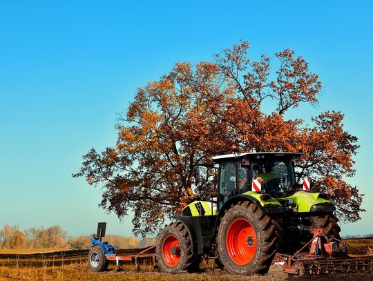 pole, ciągnik na polu, w tle drzewo, jesień