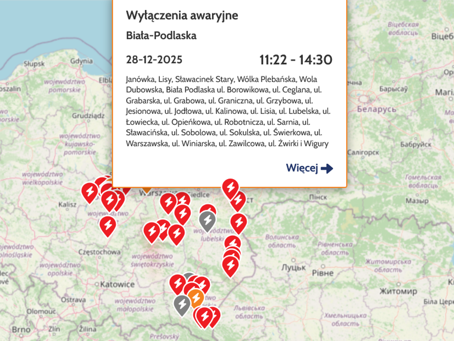 BIAŁA PODLASKA: Część miasta i okolic bez prądu