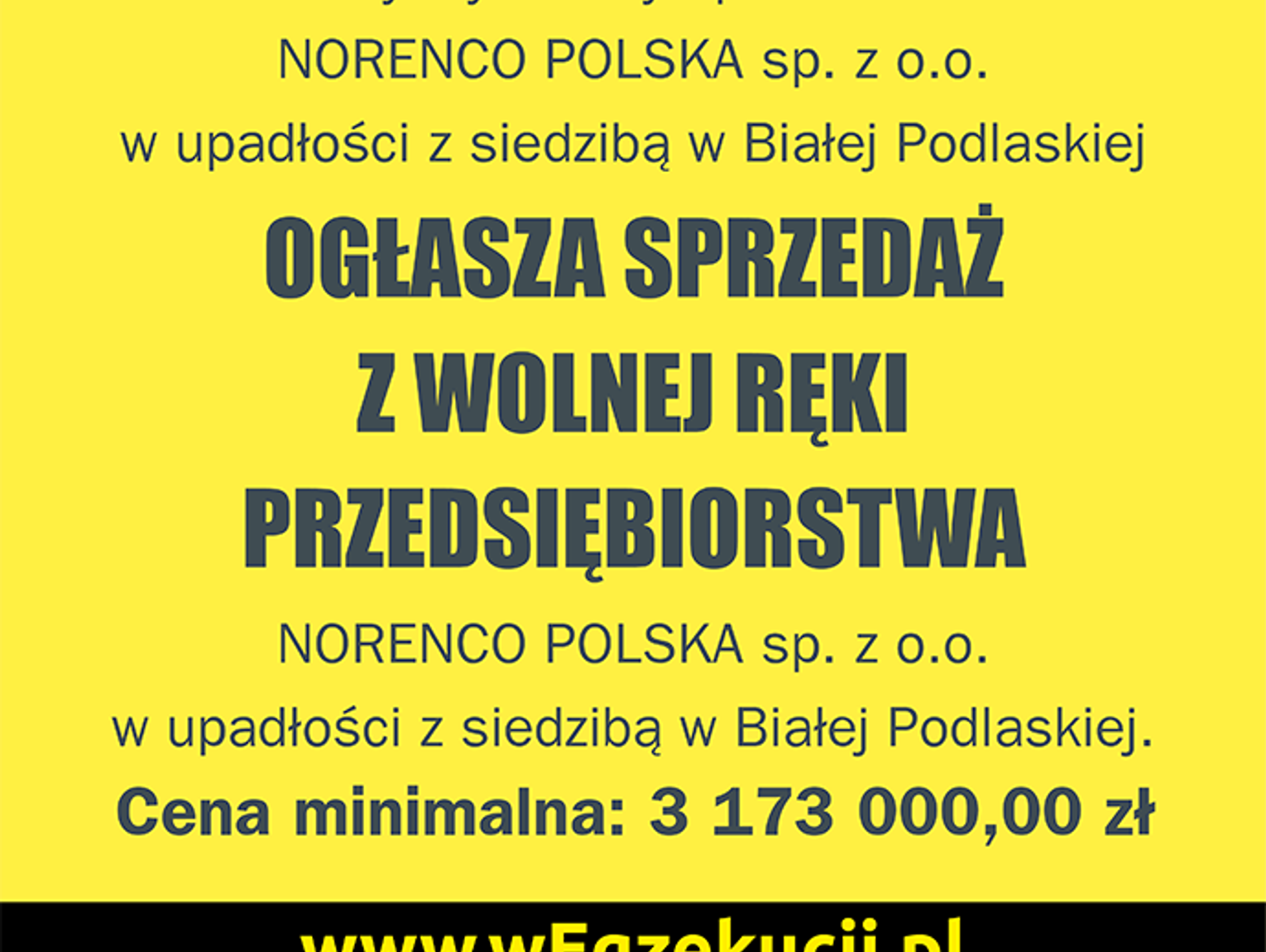 Obwieszczenie syndyka masy upadłości NORENCO POLSKA sp. z o.o. w upadłości z siedzibą w Białej Podlaskiej