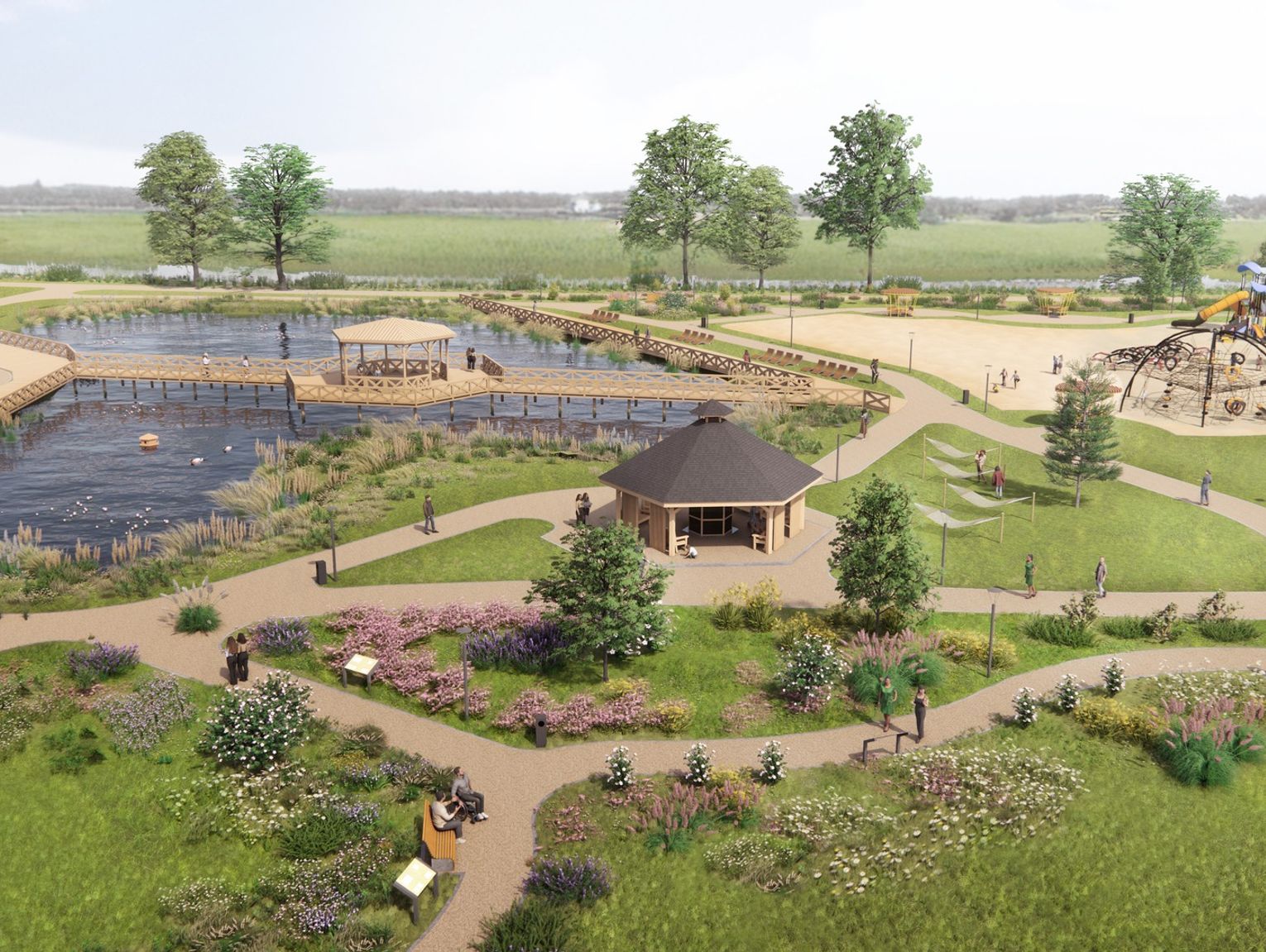 Oczko wodne strefą relaksu. Tężnia, plaża, pomosty na wodzie