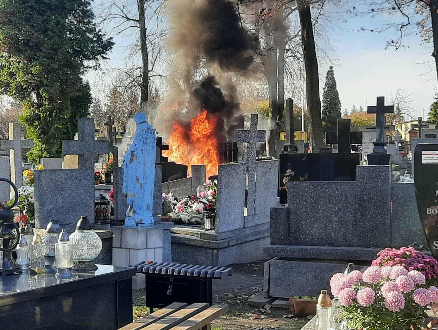 Biała Podlaska. Pożar na cmentarzu przy ul. Janowskiej [ZDJĘCIA, FILM]