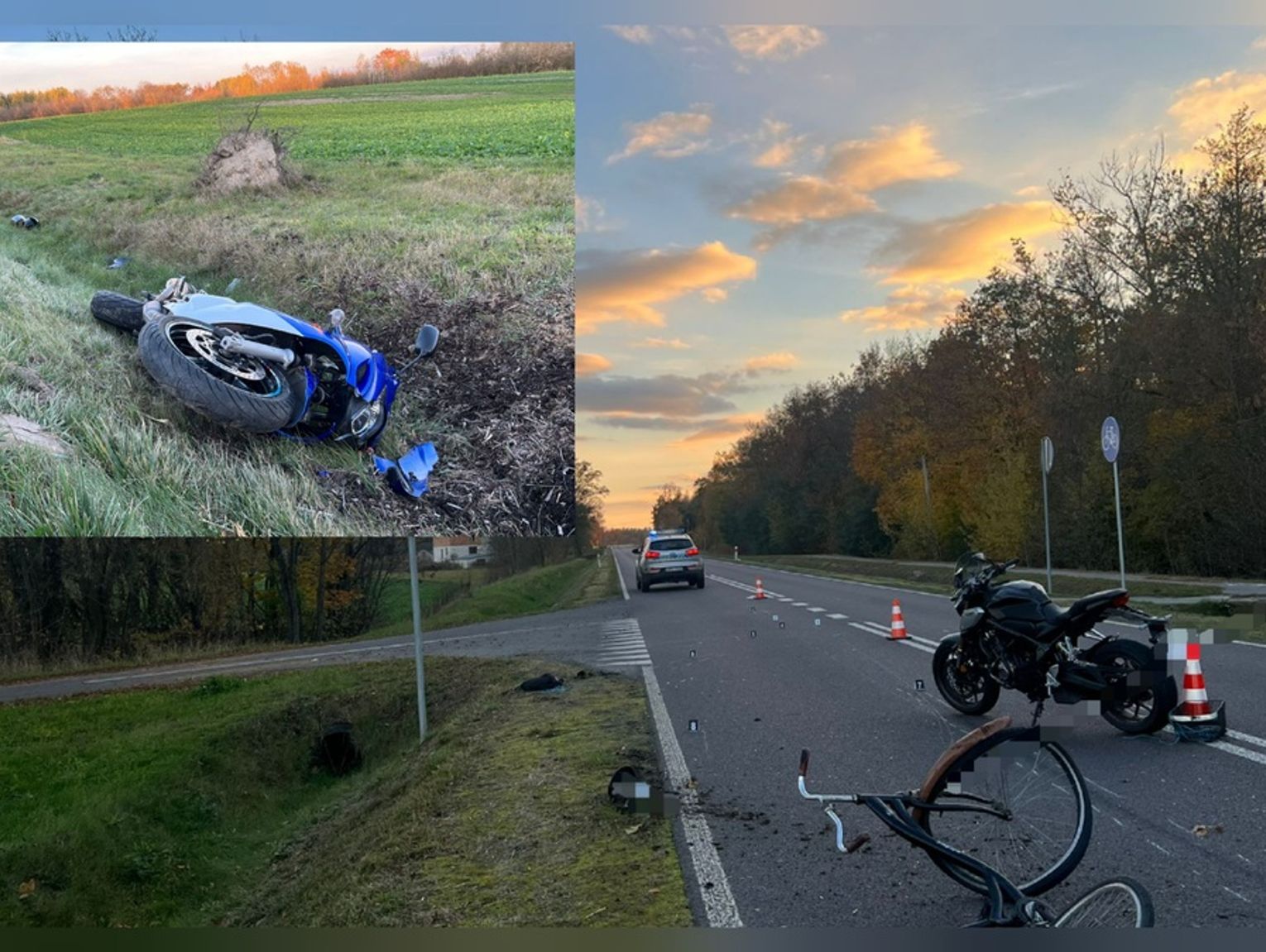 Rowerzysta zderzył się z motocyklistą. Drugi motocykl zjechał do rowu [FILM]
