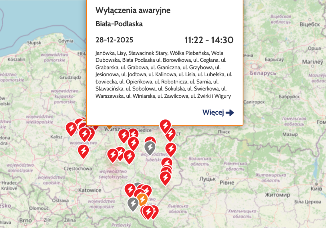 BIAŁA PODLASKA: Część miasta i okolic bez prądu