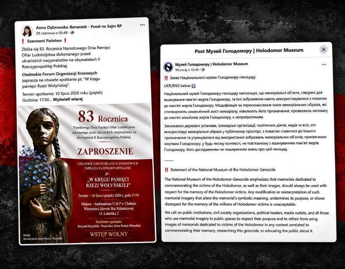 Lubelskie. Burza po publikacji posłanki. Na plakacie o Wołyniu wykorzystano pomnik ofiar Hołodomoru Wpis posłanki Anny Dąbrowskiej-Banaszek oraz oświadczenie Narodowego Muzeum Hołodomoru-Ludobójstwa w Kijowie, wydane po kontrowersjach wokół wykorzystania symboliki pomnika ofiar Hołodomoru na plakacie o rzezi wołyńskiej.
