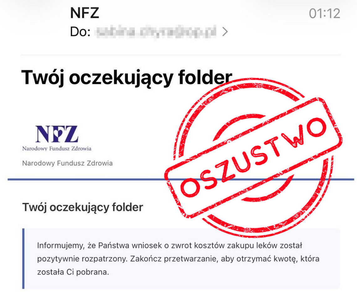 ZUS ostrzega. Kolejne oszustwo na NFZ screen fałszywego e-maila z ZUS-u, 4 listopada 2025