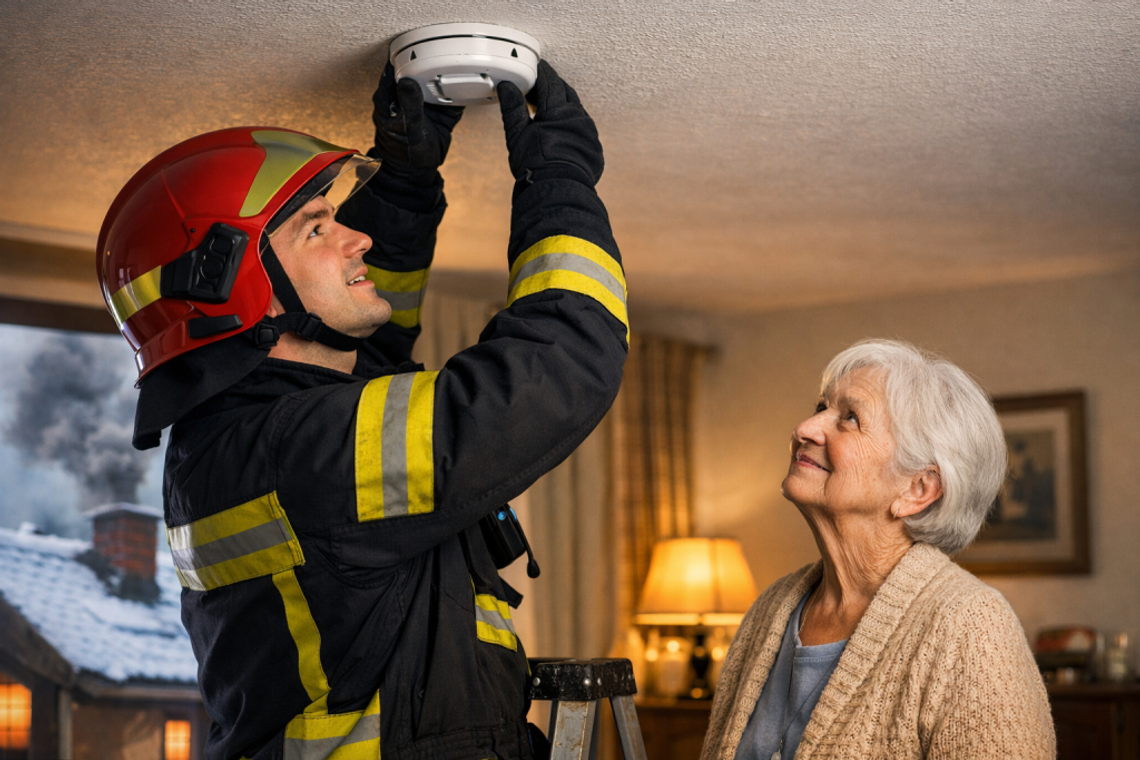 montowanie czujki czadu/dymu przez strażaka