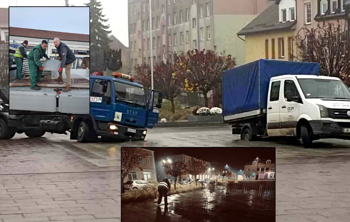 Niecodzienny incydent we Włodawie: dwie ciężarówki MPGK zapadły się w fontannie na rynku [ZDJĘCIA]