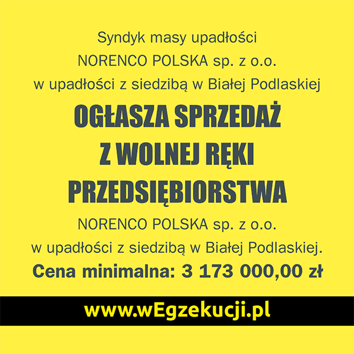 Obwieszczenie syndyka masy upadłości NORENCO POLSKA sp. z o.o. w upadłości z siedzibą w Białej Podlaskiej