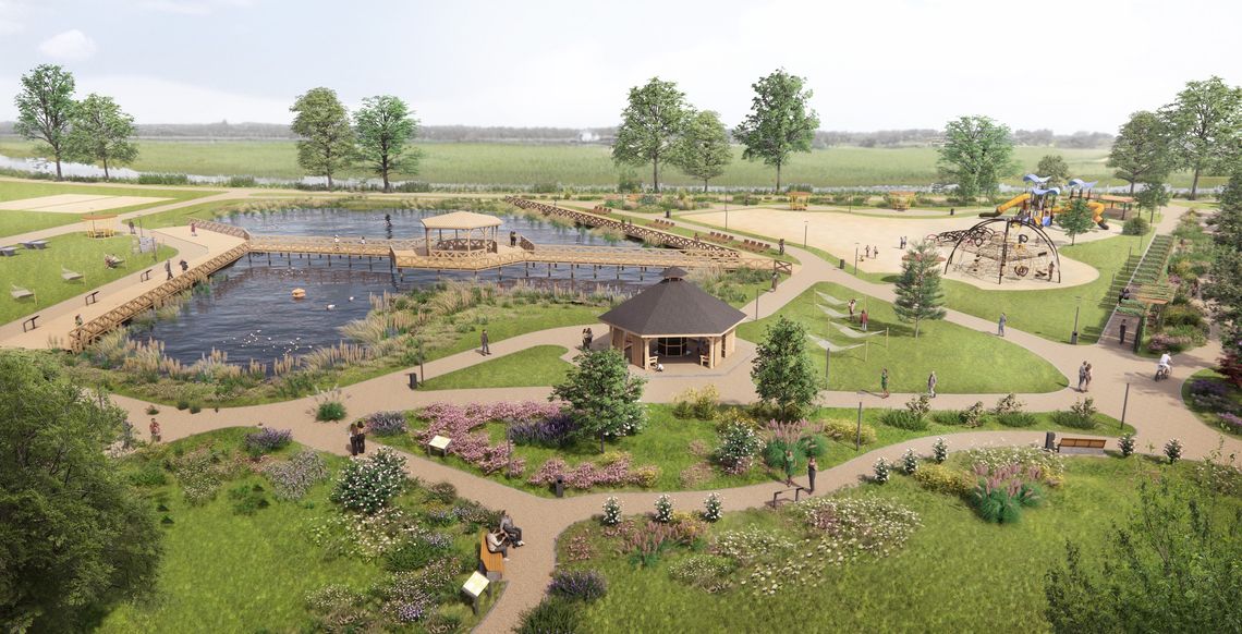 Oczko wodne strefą relaksu. Tężnia, plaża, pomosty na wodzie