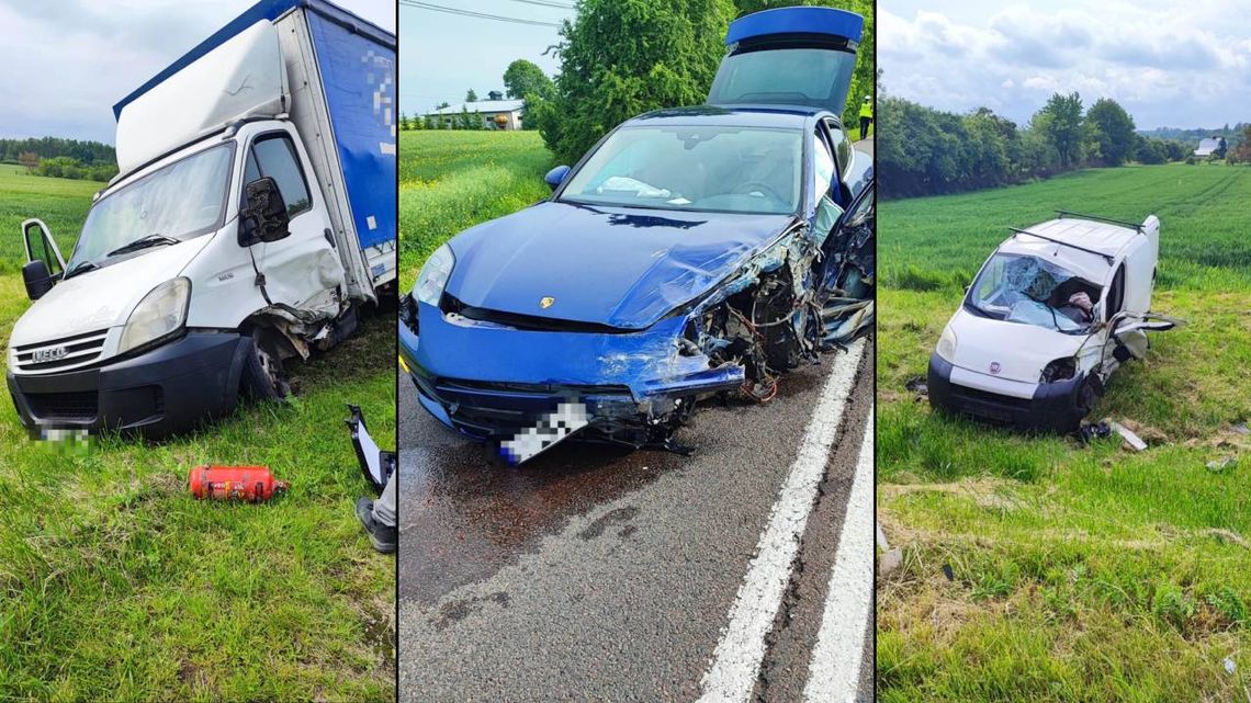 Porsche zderzyło się z Iveco, a następnie uderzyło w fiata. Groźny wypadek w Wereszczach Małych