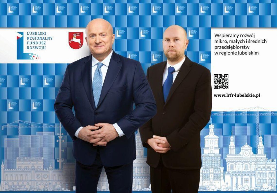 Siła napędowa lubelskiego biznesu. Jak Lubelski Regionalny Fundusz Rozwoju buduje potencjał MŚP Marszałek Województwa Lubelskiego Jarosław Stawiarski oraz Prezes Zarządu LRFR Rafał Langiewicz na tle ścianki z logo Lubelskiego Regionalnego Funduszu Rozwoju