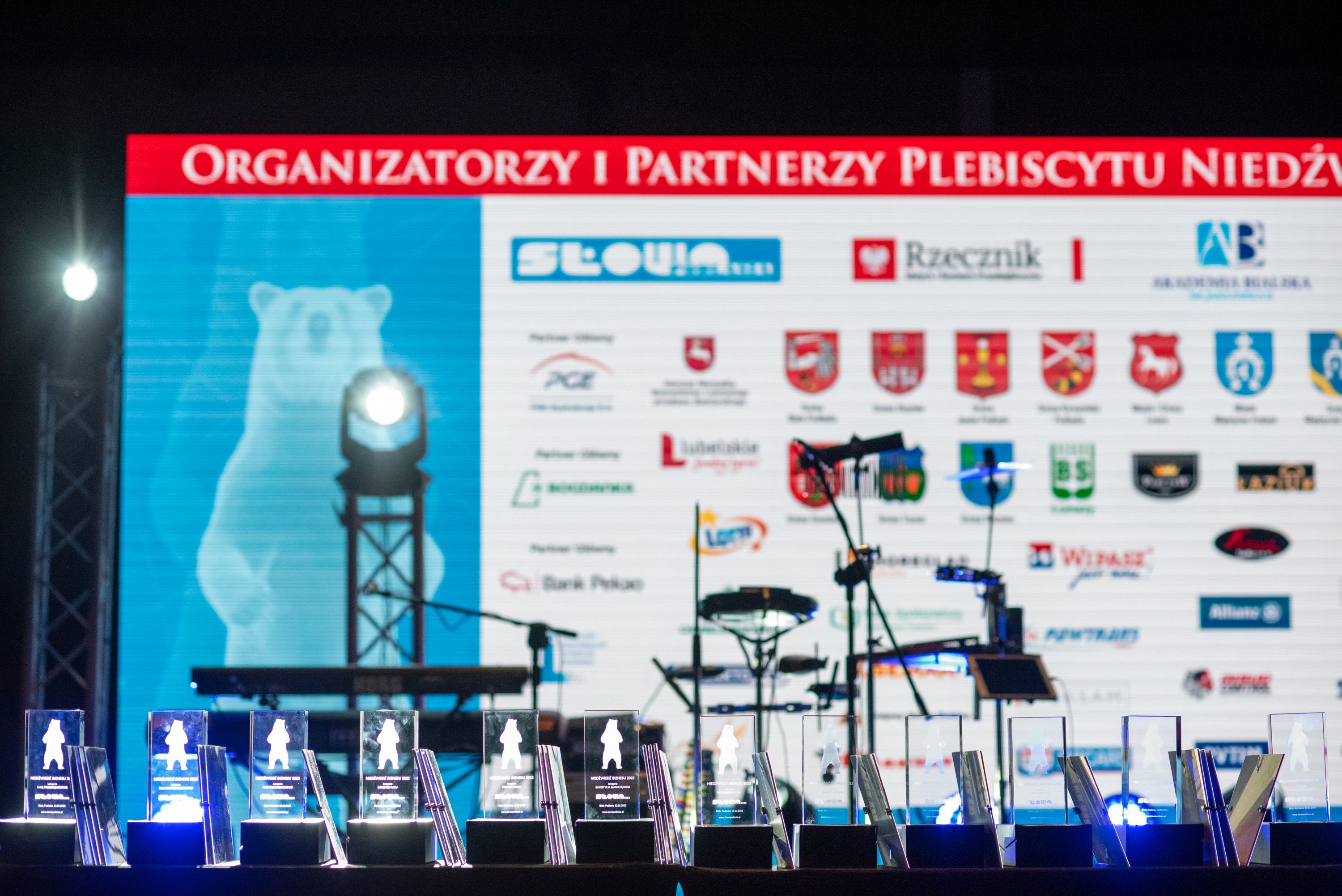 Scena przygotowana do koncertu z rozstawioną perkusją, mikrofonami i profesjonalnym oświetleniem scenicznym na pierwszym planie. W tle znajduje się ogromny ekran LED z napisem „ORGANIZATORZY I PARTNERZY PLEBISCYTU NIEDŹWIEDZIE BIZNESU” oraz logotypami licznych firm i samorządów.